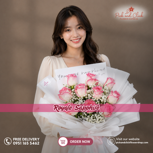 Royale Sapphire Bouquet featuring two tone pink roses accented with delicate gypsophila, arranged in an elegant floral design with soft two tone pink and white accents, a graceful and luxurious bouquet perfect for birthdays, anniversaries, Mother's Day, weddings, and special occasions in the Philippines.