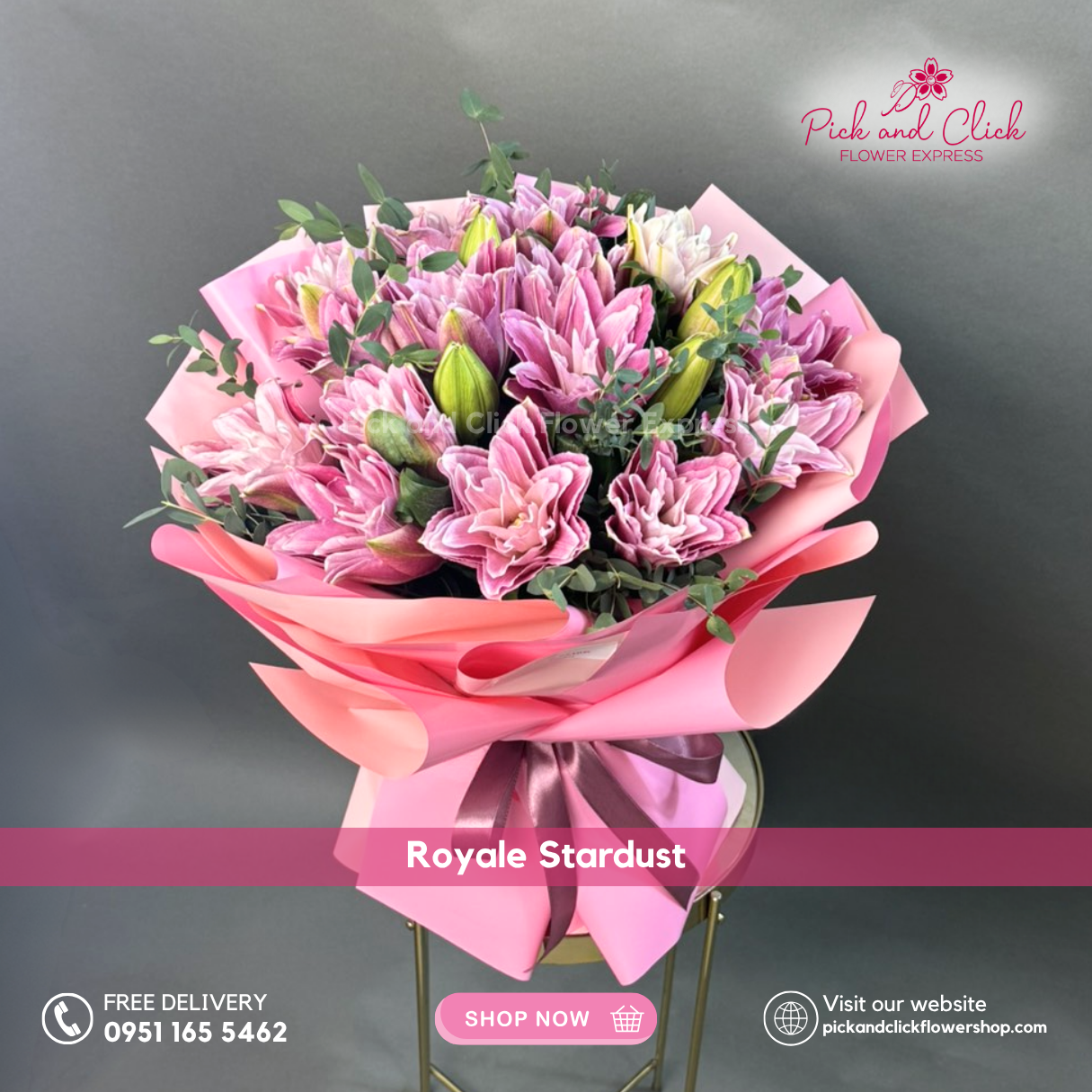 Royale Stardust bouquet featuring 10 stem double petal pink stargazers with parvi leaves in a luxurious floral arrangement.