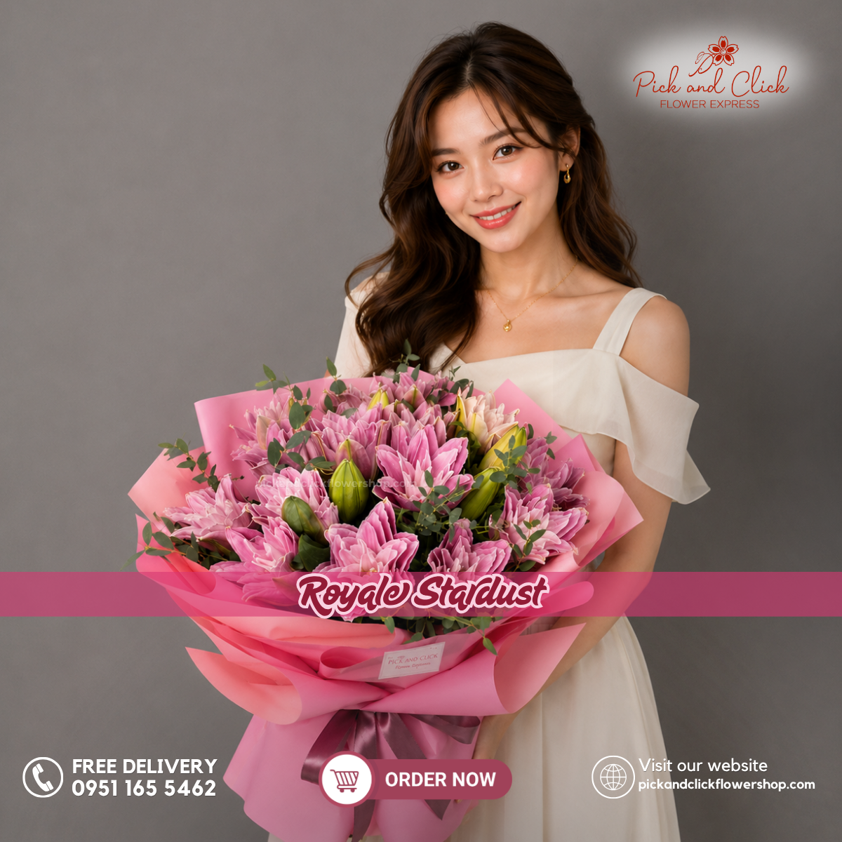 Royale Stardust Bouquet featuring 10 stems of double petal pink stargazer lilies accented with fresh parvi leaves, arranged in an elegant floral design with soft pink blooms and fresh green accents, a luxurious bouquet perfect for birthdays, anniversaries, congratulations, and special occasions in the Philippines.