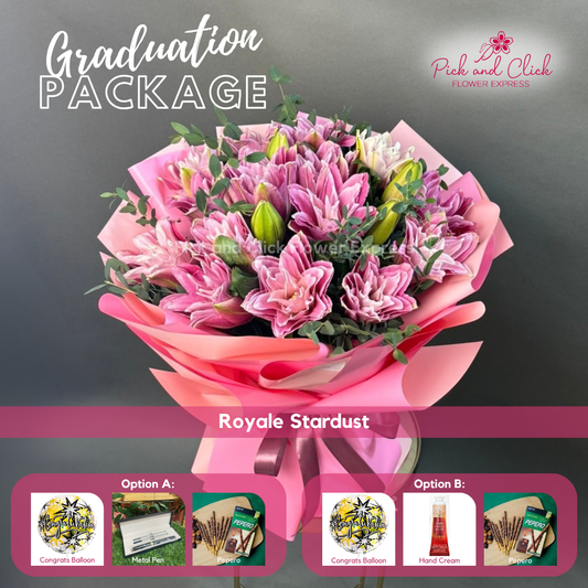 Royale Stardust Grad Pack featuring 10 stems of double petal pink stargazer lilies accented with fresh parvi leaves, arranged with your choice of graduation gift add ons, a graceful and luxurious floral arrangement perfect for graduation ceremonies, achievements, and memorable celebrations in the Philippines.