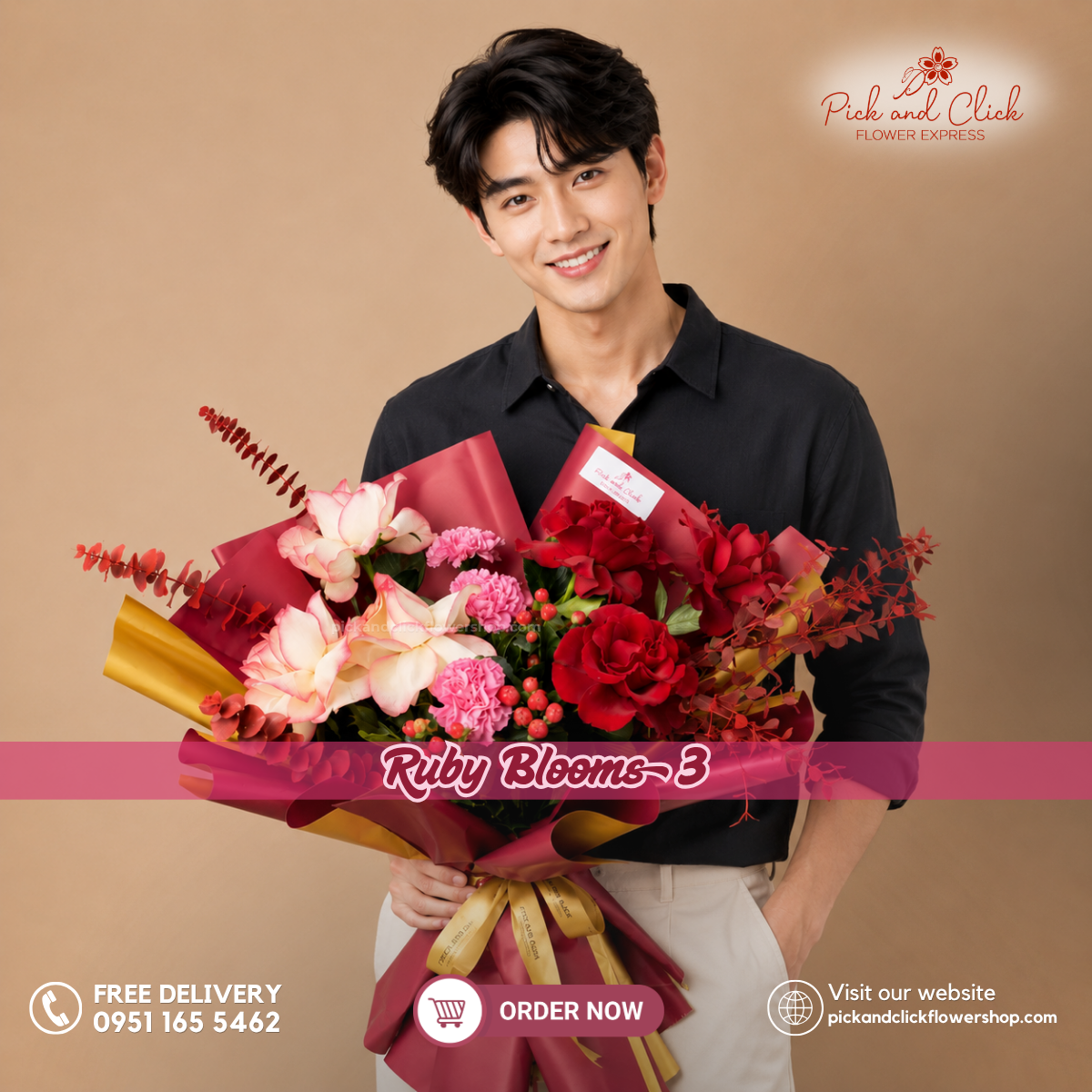 Ruby Blooms 3 Bouquet featuring 3 imported red roses, 3 two tone pink roses, 3 hot pink carnations, red sprayed parvi leaves, fresh eucalyptus, and decorative berries, arranged in an elegant floral design with deep red, vibrant pink, and fresh green accents, a bold and luxurious bouquet perfect for birthdays, anniversaries, romantic gifts, and special occasions in the Philippines.