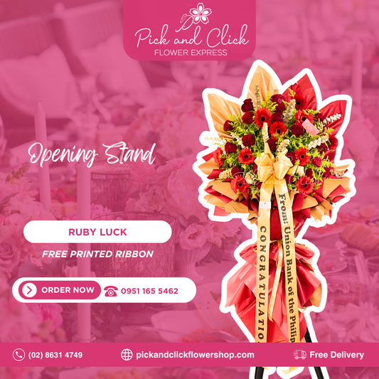 Ruby Luck Opening Stand featuring red roses, red gerbera, golden rod, and gold sprayed eucalyptus, a bold and luxurious floral arrangement designed to symbolize prosperity and celebrate grand openings, business launches, and special events in the Philippines.