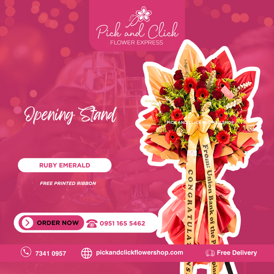 Stand bouquet with red roses, red gerbera, golden rod, and gold-sprayed eucalyptus in red-gold wrap with custom ribbon for grand occasions.