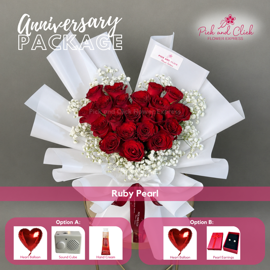 Ruby Pearl Anniversary Package featuring 20 Imported Roses with Gypsophila and a choice of thoughtful anniversary gift add-ons in the Philippines.