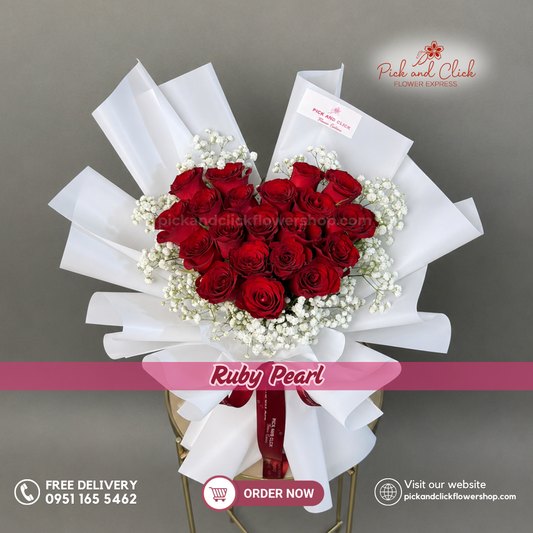 Ruby Pearl Bouquet featuring 20 imported red roses with gypsophila in a luxurious red and white flower arrangement, perfect for romantic gifts, anniversaries, birthdays, Valentine's Day, and special occasions in Metro Manila, Philippines.