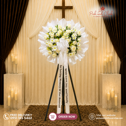 Sacred Bloom Funeral Stand featuring Imported White Roses, Golden Rod, and Radus in an elegant white and soft yellow funeral flower arrangement for sympathy, memorial services, wakes, and condolence tributes in Metro Manila, Philippines.