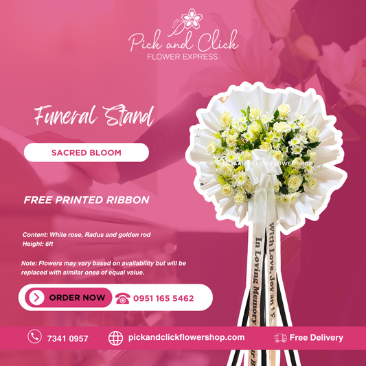 Sacred Bloom Funeral Stand featuring white roses, radus, and golden rod, a serene and elegant sympathy floral arrangement designed as a respectful tribute for funerals and memorial services in the Philippines.