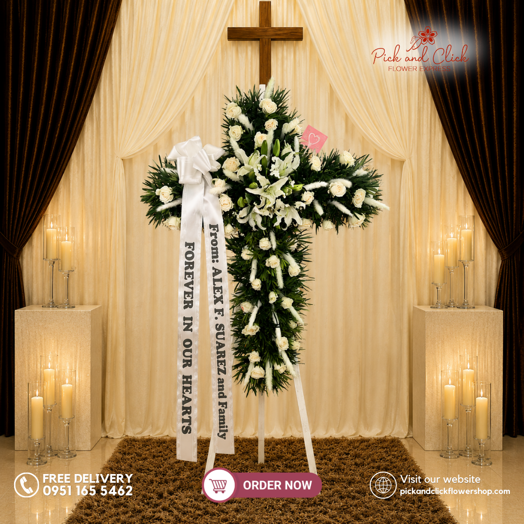 Sacred Remembrance Funeral Stand featuring Imported White Roses, White Stargazers, Podocarpus, and Pampas in an elegant white funeral tribute in the Philippines.