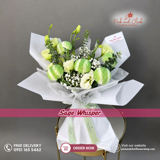 Sage Whisper Bouquet featuring 5 Pom Pom Chrysanthemums intentionally styled like tennis balls, green lisianthus, gypsophila, and eucalyptus, creating a unique tennis-inspired flower bouquet in Metro Manila, Philippines.