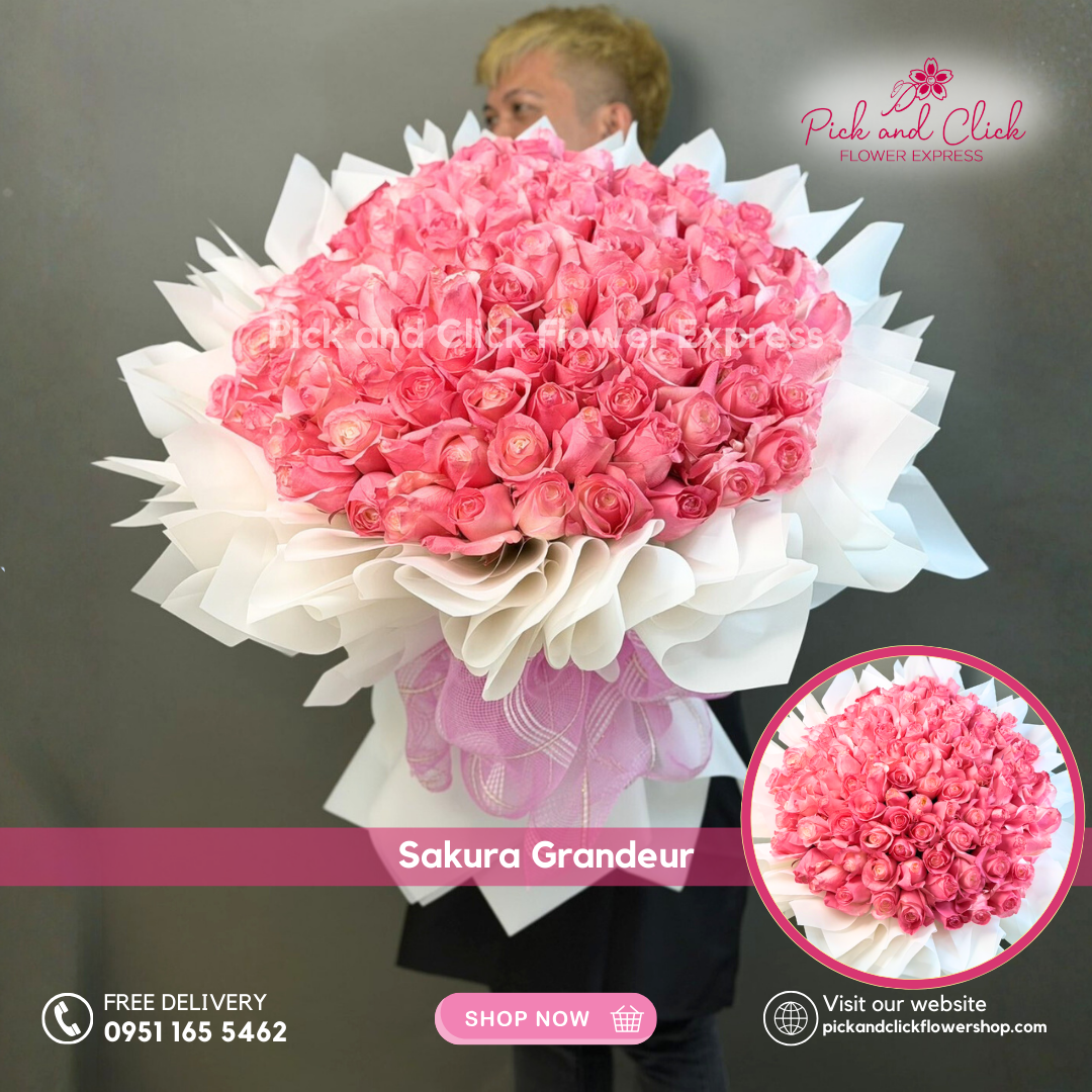 Sakura Grandeur Premium bouquet featuring 100 pink sprayed imported white roses arranged in a grand blush luxury hand bouquet.