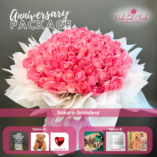 Sakura Grandeur bouquet featuring 100 pink-sprayed imported white roses arranged in an anniversary gift package with optional add ons.