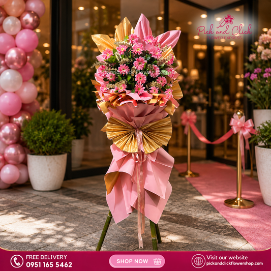 Sapphire Luck Opening Stand featuring gerbera accented with rosal and gold sprayed eucalyptus, a vibrant and elegant floral arrangement designed to symbolize success and celebrate grand openings, business launches, and special events in the Philippines.