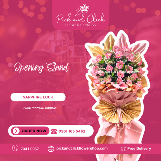 Elegant stand bouquet with gerbera, rosal, and gold-sprayed eucalyptus — perfect for grand events or store openings