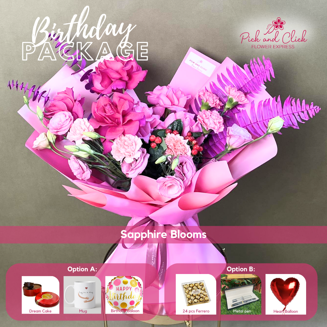 Sapphire Blooms bouquet featuring hot pink and fuchsia pink roses, light pink and hot pink carnations, pink lisianthus, berries, and pink sprayed eucalyptus and pako leaves arranged in a birthday gift package with optional add ons.
