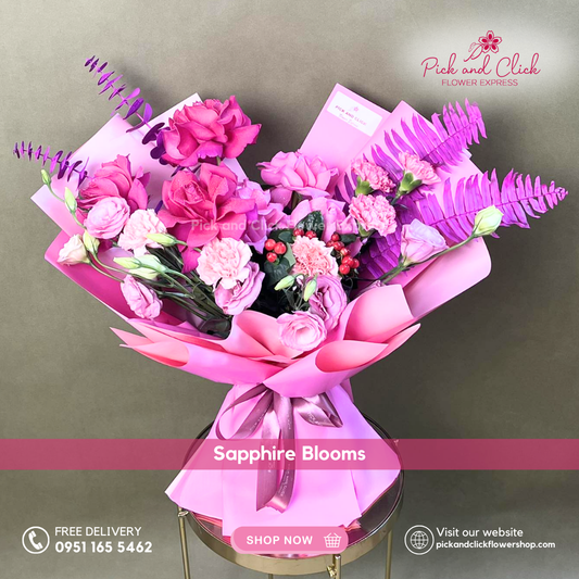 Sapphire Blooms Bouquet featuring imported hot pink roses, fuchsia pink roses, light pink and hot pink carnations, lisianthus, and decorative berries, a vibrant and luxurious floral arrangement perfect for birthdays, celebrations, and special occasions in the Philippines.