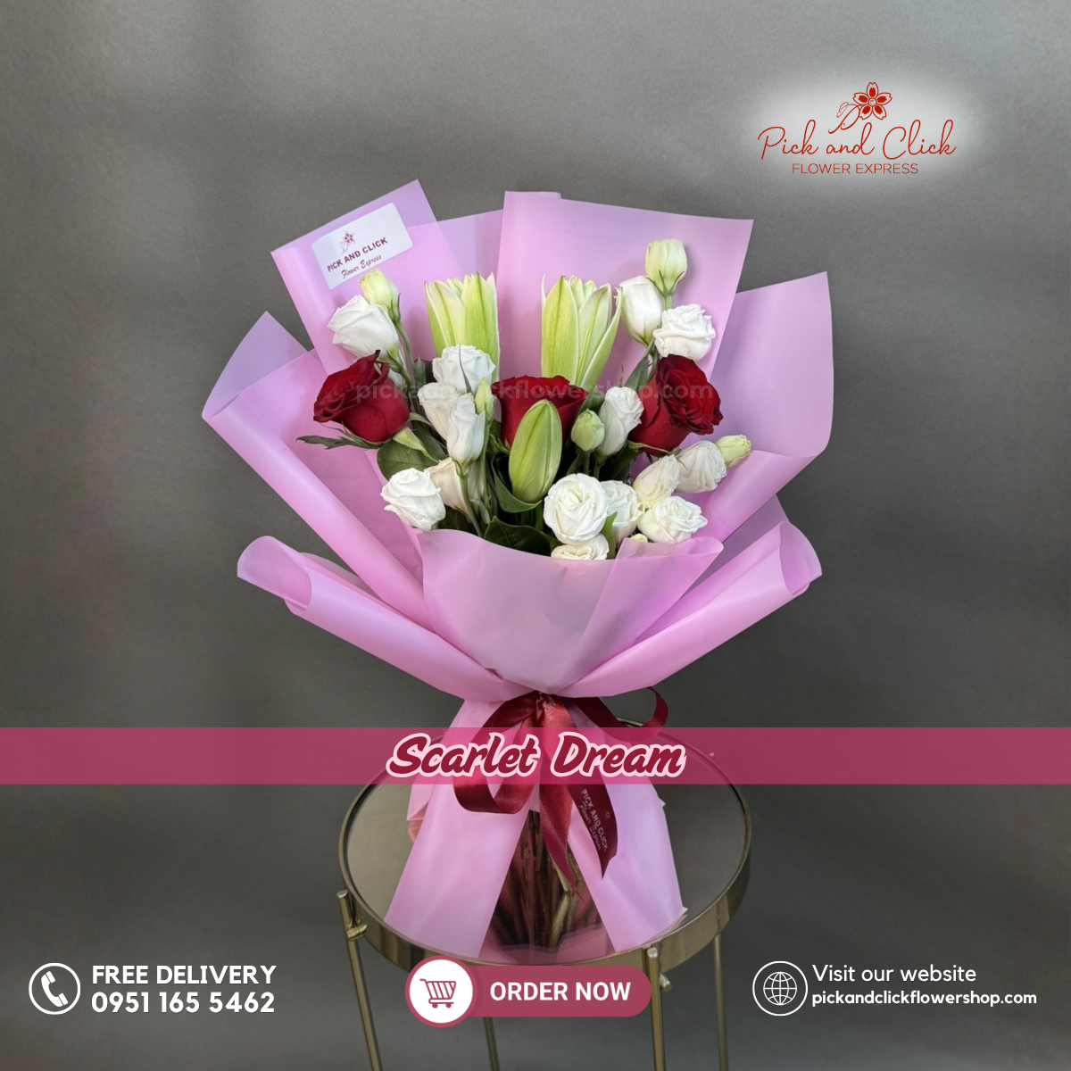 Scarlet Dream Bouquet featuring red roses, double petal white stargazer lilies, and white lisianthus arranged in an elegant floral design, a timeless and romantic bouquet perfect for anniversaries, birthdays, proposals, and special occasions in the Philippines.