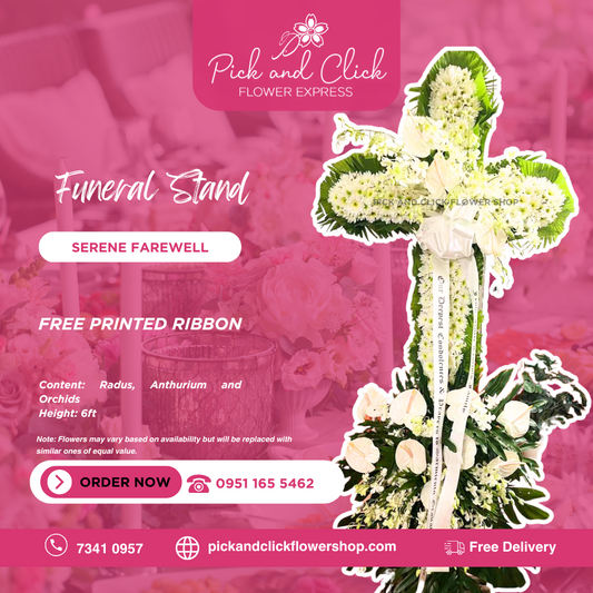 Cross-shaped funeral stand with radus, anthurium, orchids, anahaw, and tibatib leaves — elegant floral sympathy arrangement