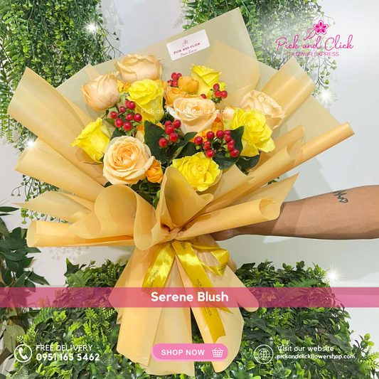 China rose peach and yellow bouquet with berries and spray roses in peach wrap 