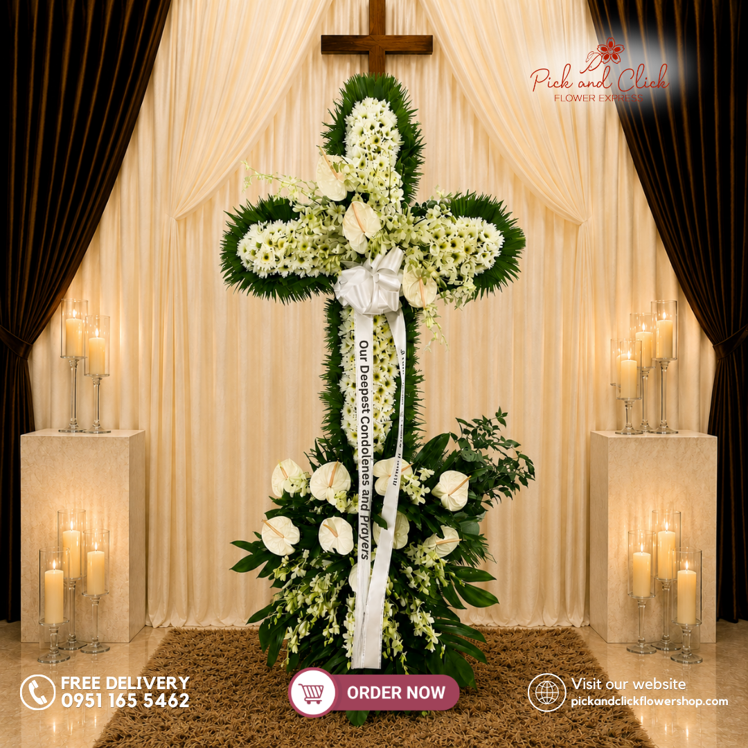 Serene Farewell Funeral Stand featuring Anthurium, Orchids, Radus, Anahaw, and Tibatib in an elegant tropical-inspired funeral tribute in the Philippines.