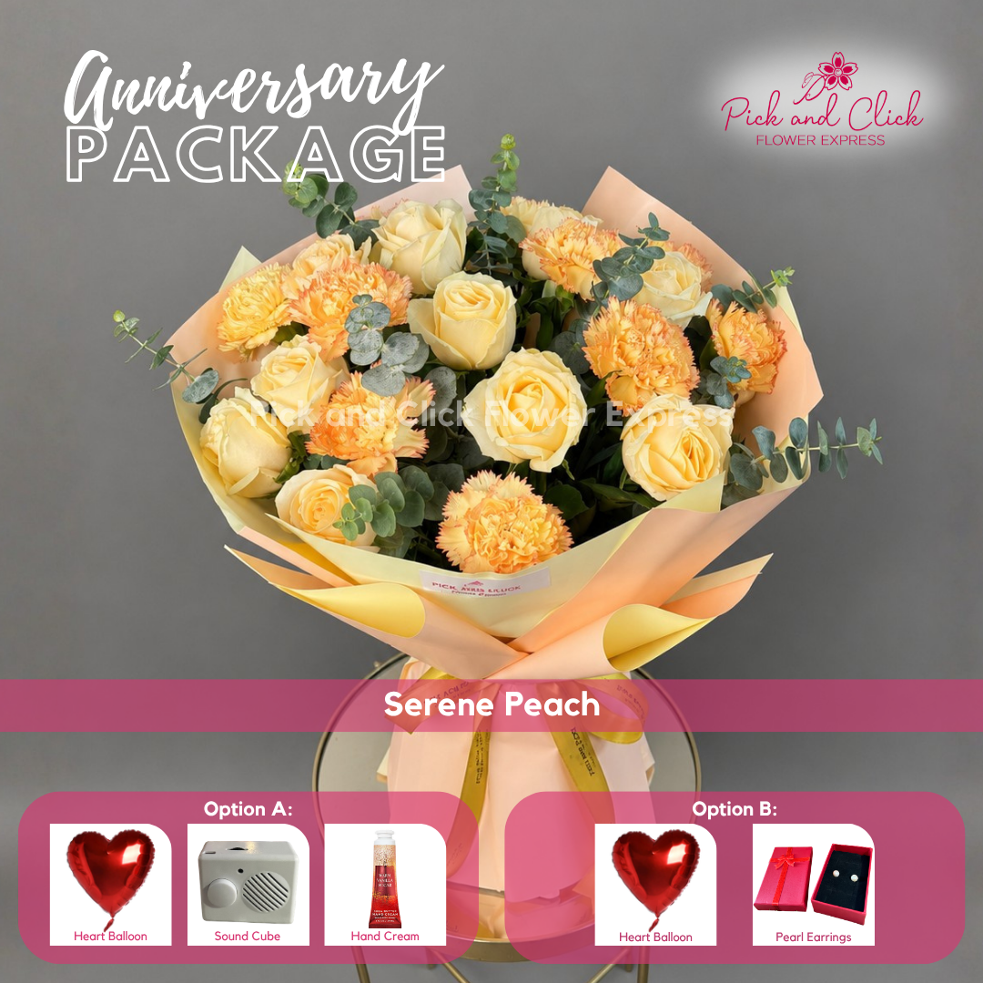Serene Peach Anniversary Package featuring 10 Peach Roses, 10 Two-Tone Orange and Yellow Carnations, Eucalyptus, and a choice of thoughtful anniversary gift add-ons in the Philippines.
