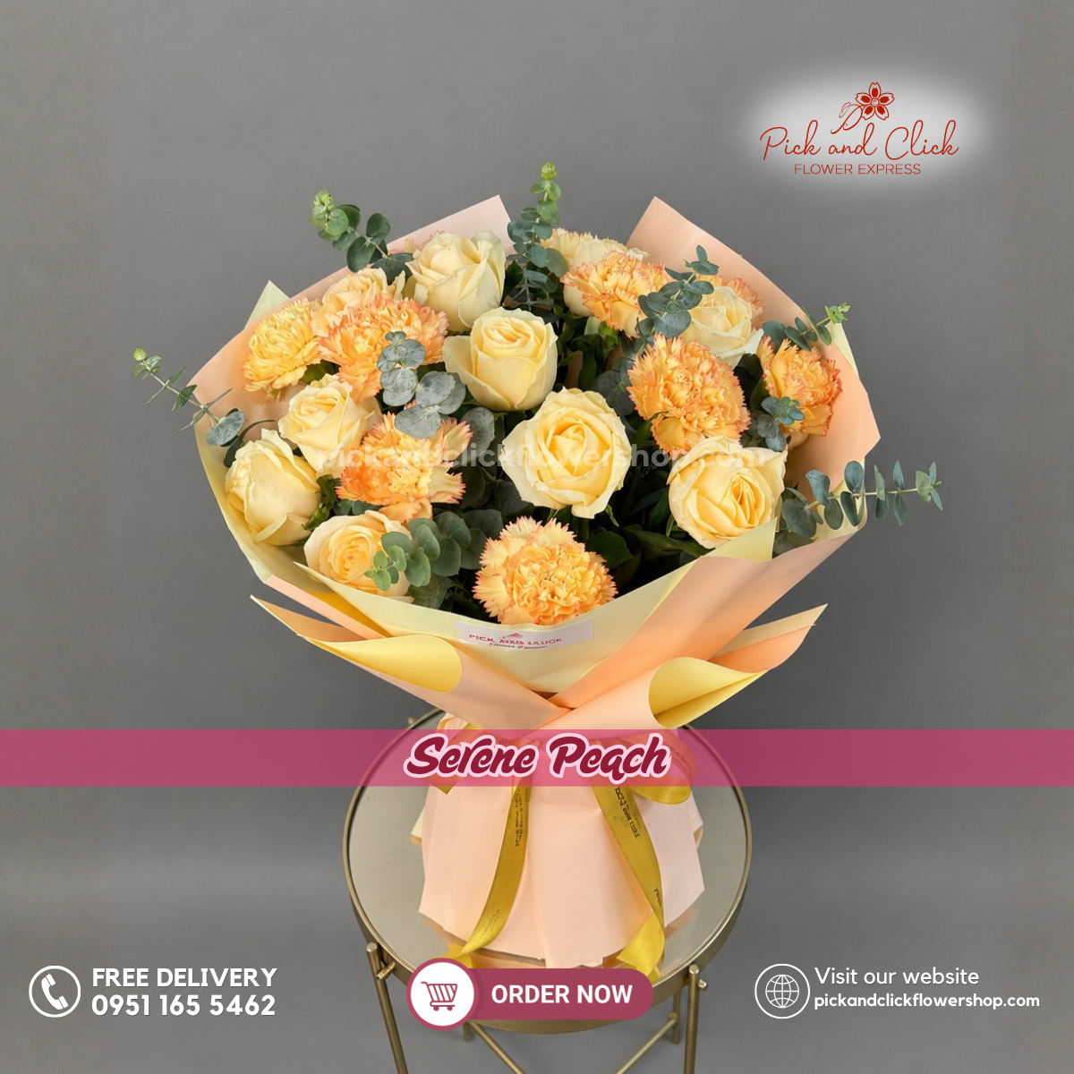 Serene Peach Bouquet featuring 10 Peach Roses, 10 Two-Tone Orange and Yellow Carnations, and Eucalyptus in a vibrant peach, orange, yellow, and green flower arrangement in the Philippines.