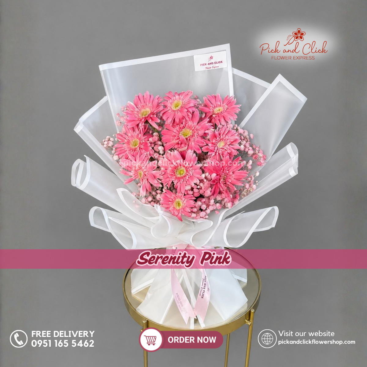 Serenity Pink Bouquet featuring 10 Pink Gerberas with Pink-Sprayed Gypsophila in a soft pink flower bouquet in the Philippines.