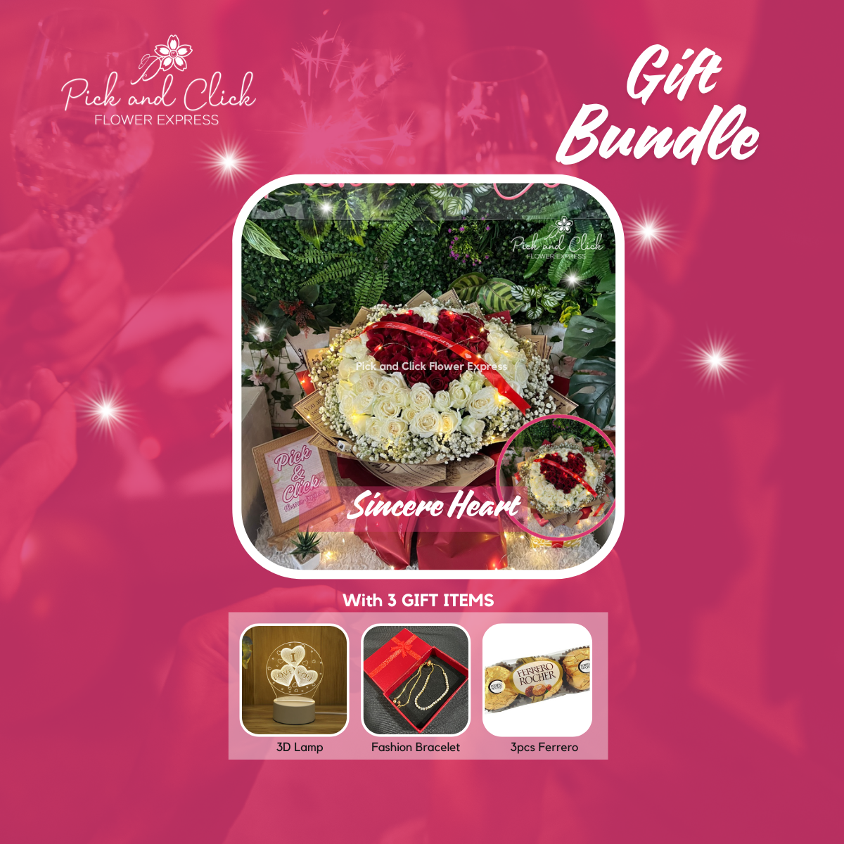 Big bouquet of imported red and white roses with gypsophila — an elegant and romantic floral gift