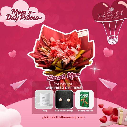 Preserved imported rose bouquet with dried flowers and leaves in red and gold wrap — a lasting and sincere gift for mom with freebies