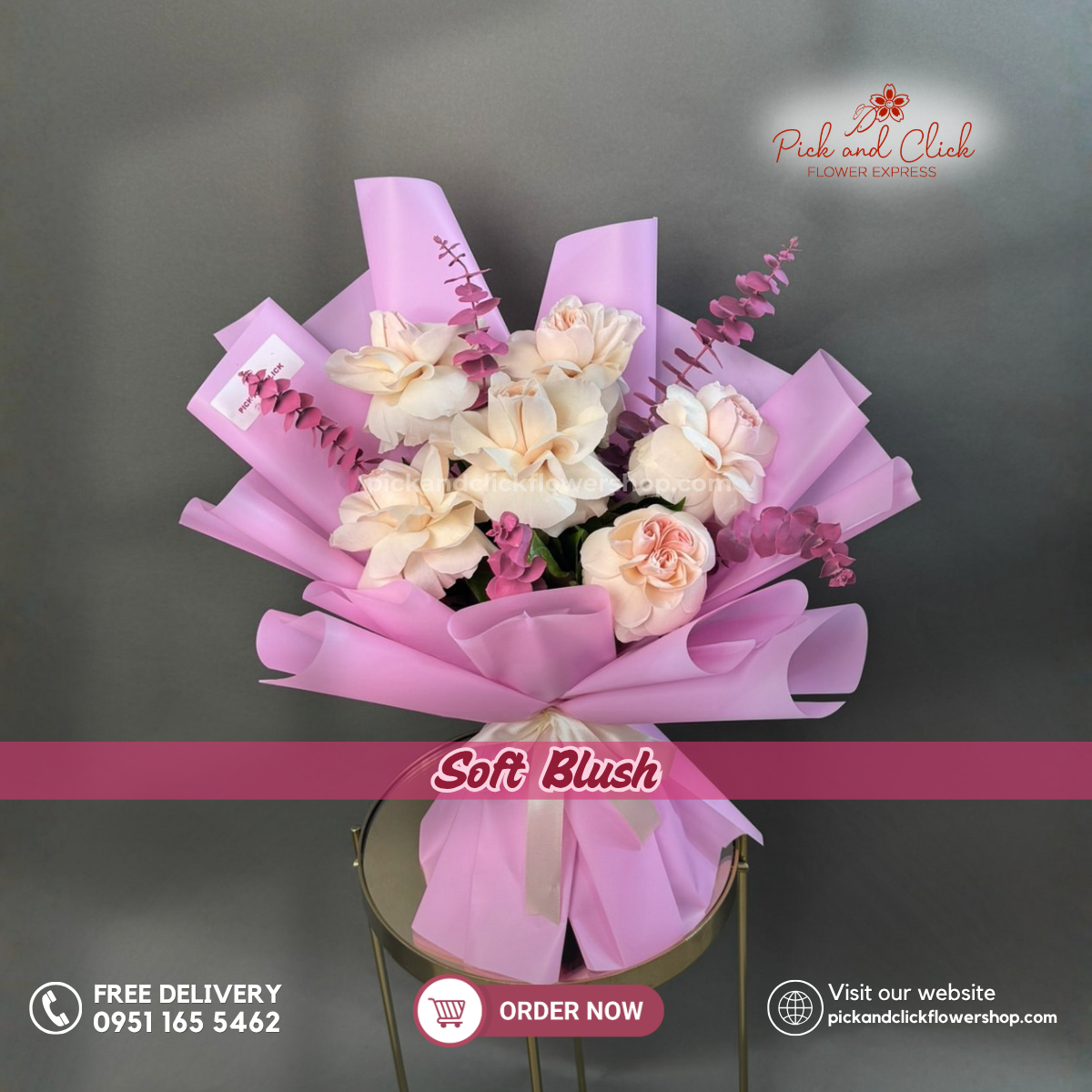 Soft Blush Bouquet featuring 6 Priscila roses accented with pink sprayed eucalyptus, arranged in an elegant floral design, a soft and romantic bouquet perfect for birthdays, anniversaries, celebrations, and special occasions in the Philippines