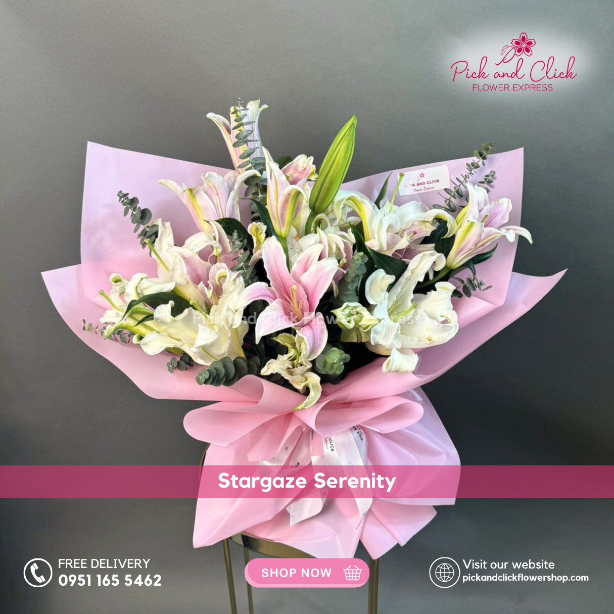 Stargaze Serenity Bouquet featuring pink lilies, white lilies, and fresh eucalyptus arranged in an elegant floral design, a graceful and sophisticated bouquet perfect for birthdays, anniversaries, sympathy, congratulations, and special occasions in the Philippines.