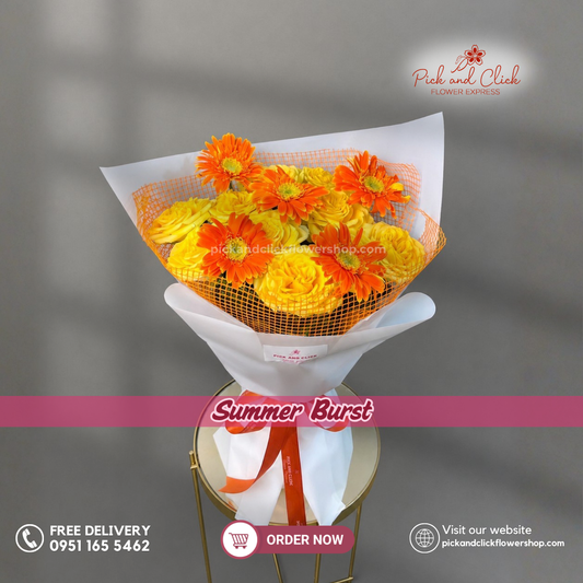 Summer Burst Bouquet featuring 10 yellow roses and 5 orange gerberas in a vibrant floral arrangement.