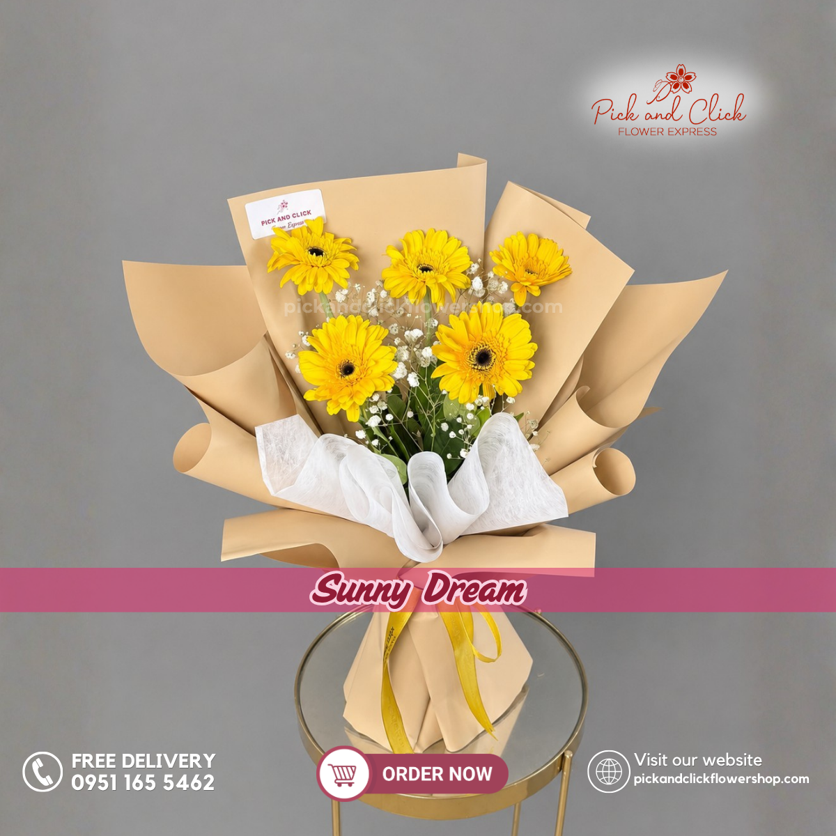 Sunny Dream Bouquet featuring 5 Yellow Gerberas and Gypsophila in a cheerful yellow and white flower bouquet in the Philippines.