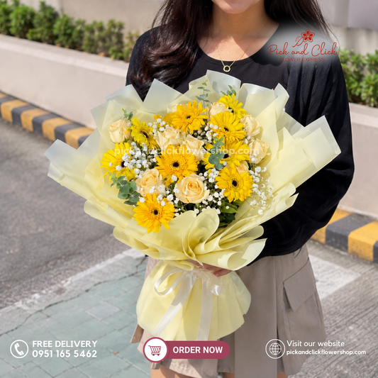 Sunny Peach Bouquet featuring 10 Peach Roses, 10 Yellow Gerberas, Gypsophila, and Eucalyptus in a bright peach and yellow flower arrangement in the Philippines.