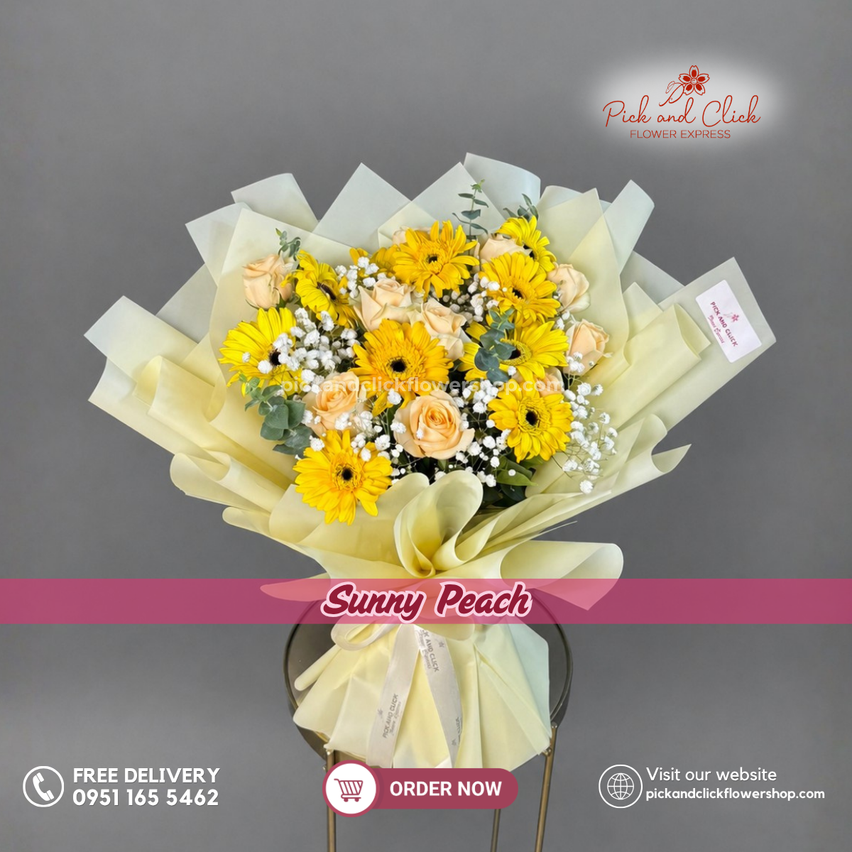 Sunny Peach Bouquet featuring 10 Peach Roses, 10 Yellow Gerberas, Gypsophila, and Eucalyptus in a bright peach and yellow flower arrangement in the Philippines.