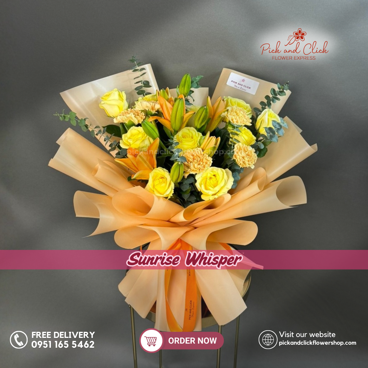 Sunrise Whisper Bouquet featuring yellow roses, orange stargazer lilies, champagne carnations, and fresh eucalyptus arranged in an elegant floral design, a vibrant and cheerful bouquet perfect for birthdays, celebrations, congratulations, and special occasions in the Philippines.