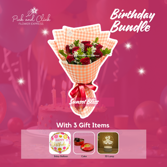 Bouquet of red rose, aster, and rosal in stylish striped Korean wrapping — elegant and romantic floral gift