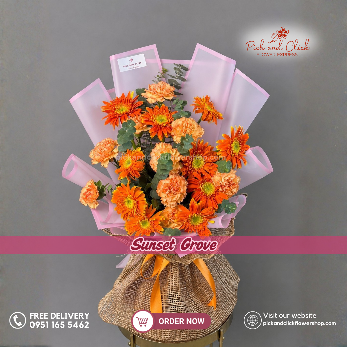 Sunset Grove Bouquet featuring 10 orange gerberas, 10 two-tone yellow and orange carnations, and eucalyptus in a vibrant orange and yellow flower arrangement for birthdays, congratulations, appreciation gifts, and special occasions in Metro Manila, Philippines.