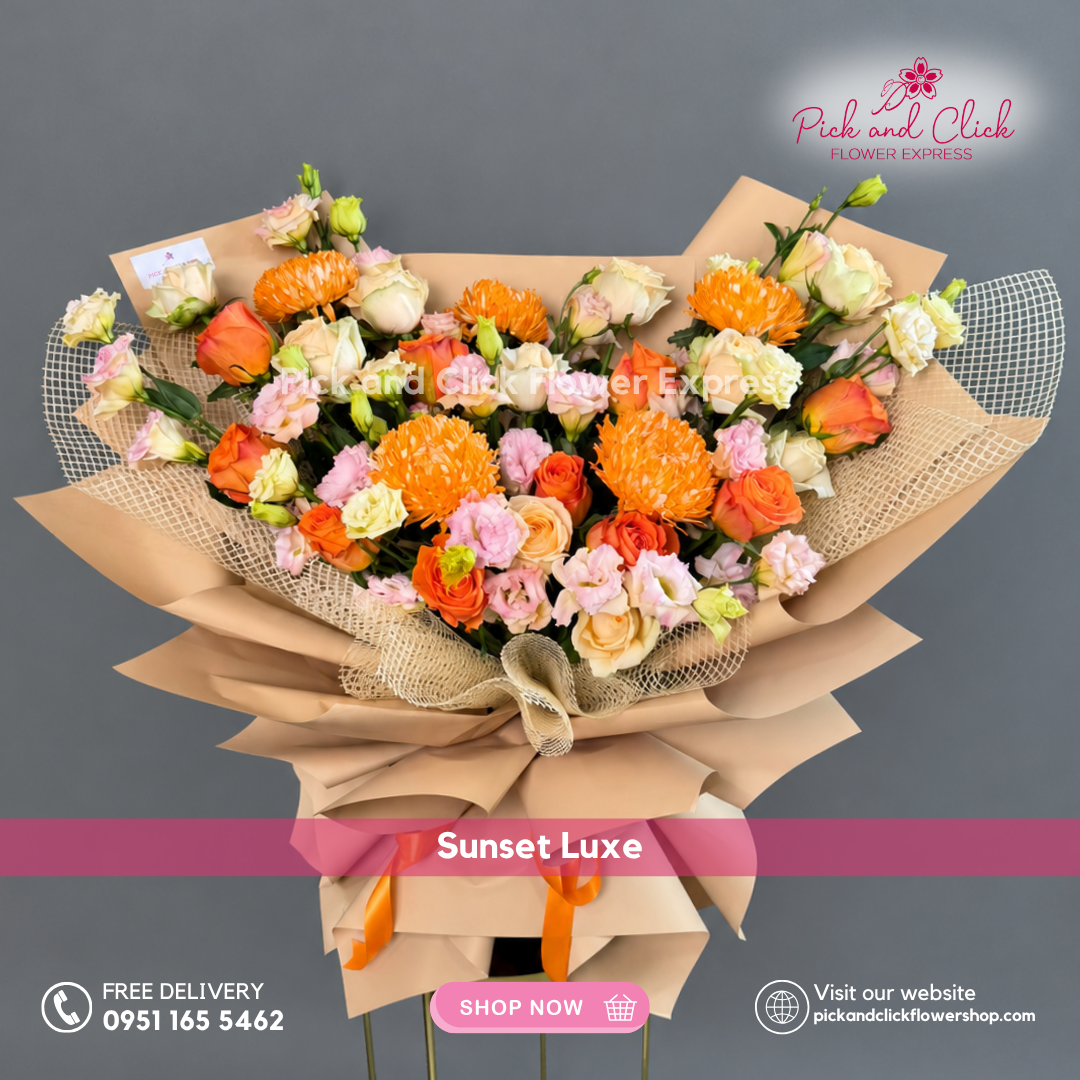 Sunset Luxe Big Bouquet featuring 10 peach and orange roses, 5 orange sunlight chrysanthemums, and peach lisianthus, available with same-day delivery in the Philippines.