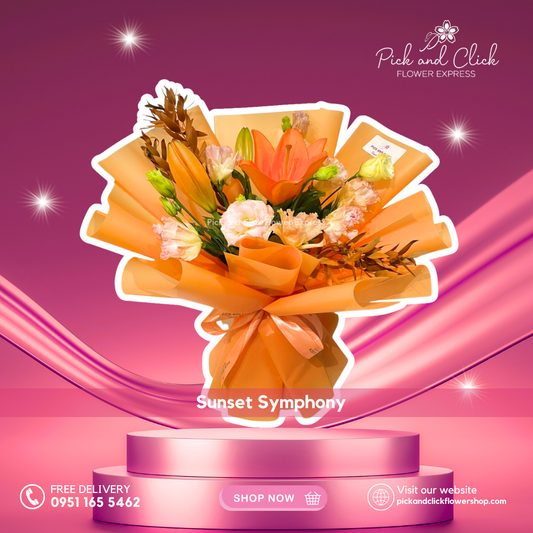 Orange stargazer, peach lisianthus, and dried parvi leaves bouquet – Metro Manila flower delivery
