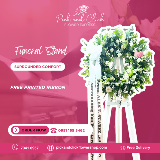 Surrounded Comfort Funeral Stand featuring white roses, white lisianthus, and pako leaves, a serene and elegant all white sympathy floral arrangement designed as a respectful tribute for funerals and memorial services in the Philippines.