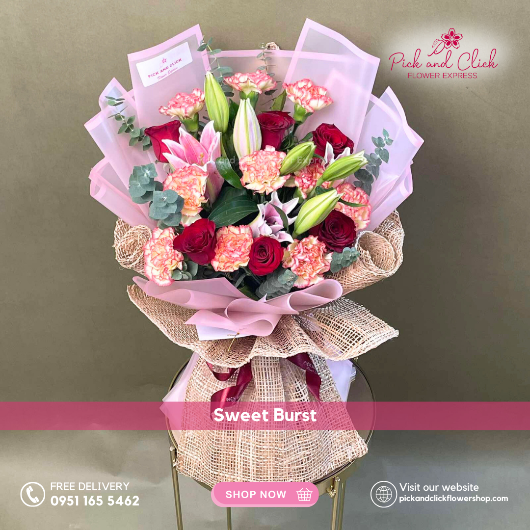 Bouquet of flowers with decorative paper and ribbons on a stand, branded 'Pick and Click Flower Express'.
