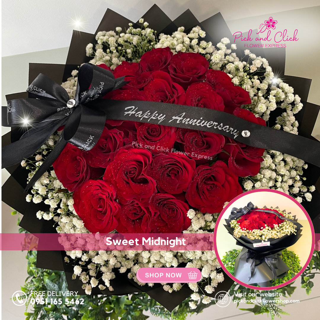 20 red roses with printed Happy Anniversary ribbon – Elegant romantic bouquet for same-day delivery in Metro Manila.