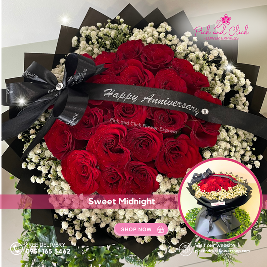 20 red roses with printed Happy Anniversary ribbon – Elegant romantic bouquet for same-day delivery in Metro Manila.