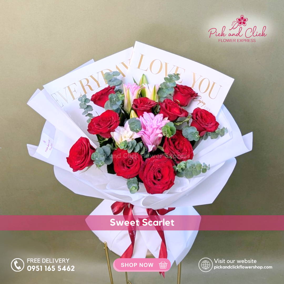 Sweet Scarlet Bouquet featuring imported red roses, double petal pink stargazer lilies, and fresh eucalyptus, a rich and elegant floral arrangement perfect for romantic gifts, anniversaries, birthdays, and special occasions in the Philippines.