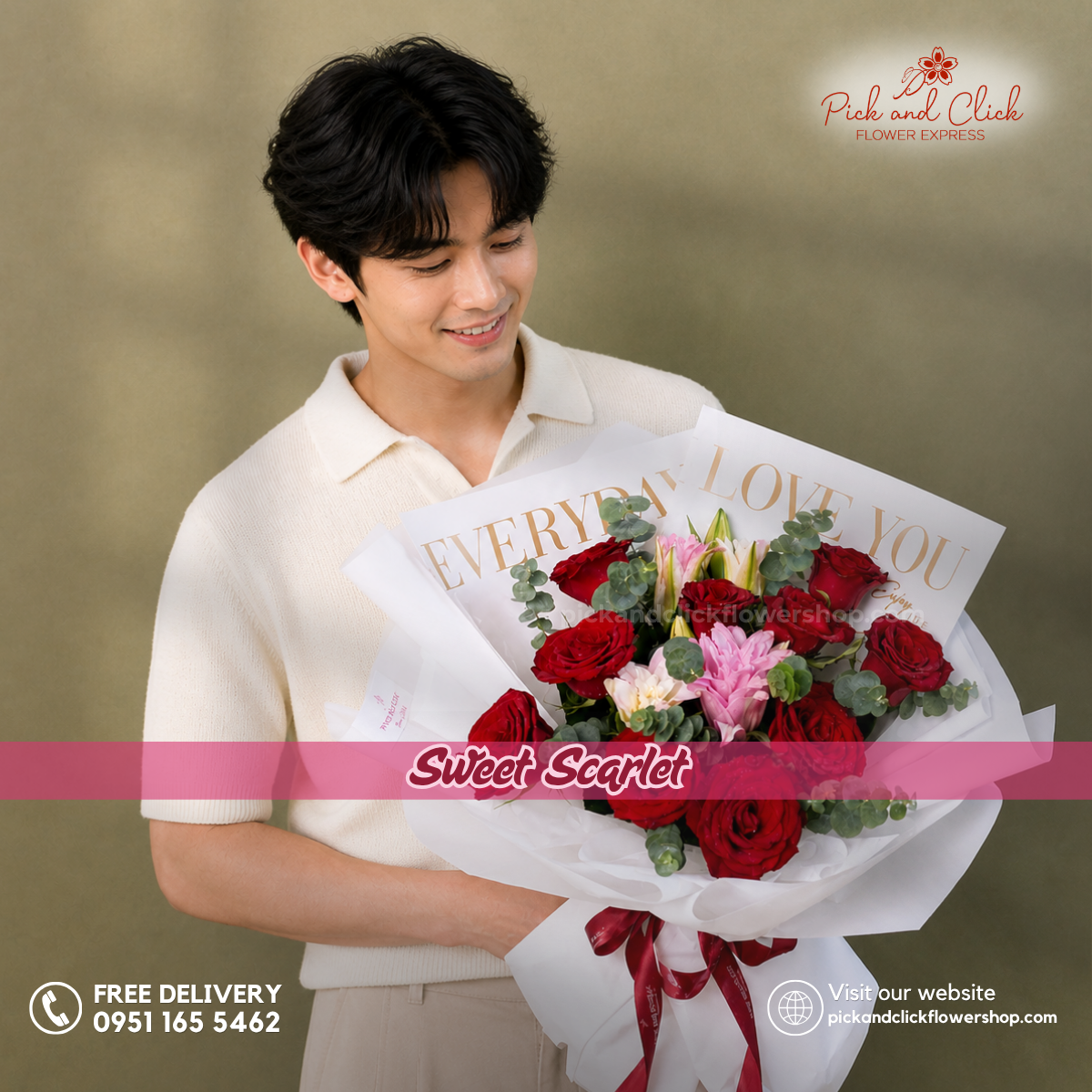 Sweet Scarlet Bouquet featuring imported red roses, double petal pink stargazer lilies, and fresh eucalyptus, arranged in an elegant floral design with deep red, soft pink, and natural green accents, a luxurious and romantic bouquet perfect for anniversaries, birthdays, Valentine's Day, Mother's Day, and special occasions in the Philippines.