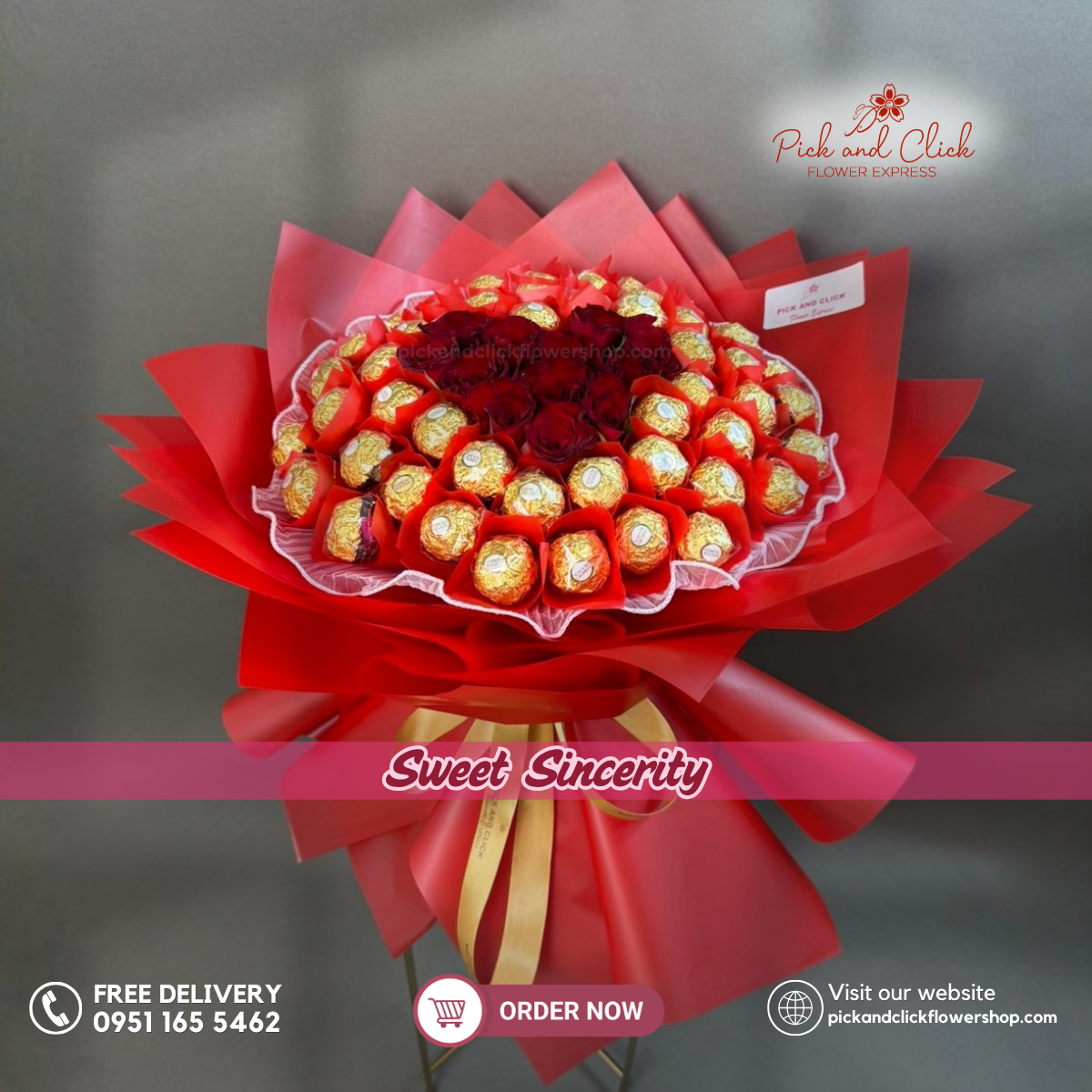 Sweet Sincerity Bouquet featuring 12 fresh red roses paired with 50 Ferrero Rocher chocolates in a luxurious floral arrangement, a premium romantic gift perfect for anniversaries, birthdays, proposals, Valentine's Day, and special occasions in the Philippines.
