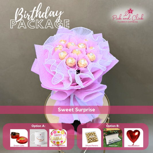 Sweet Surprise chocolate bouquet featuring 12 Ferrero Rocher chocolates arranged in an elegant birthday gift package with optional add ons.