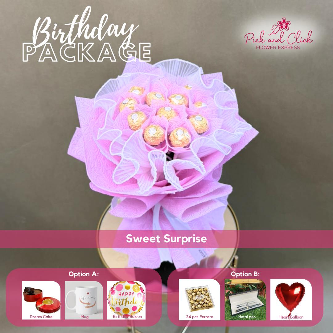 Sweet Surprise Chocolate Bouquet featuring 12 Ferrero Rocher chocolates beautifully arranged in an elegant birthday gift package with optional add ons, a sweet and luxurious chocolate gift perfect for birthdays and special celebrations in the Philippines.