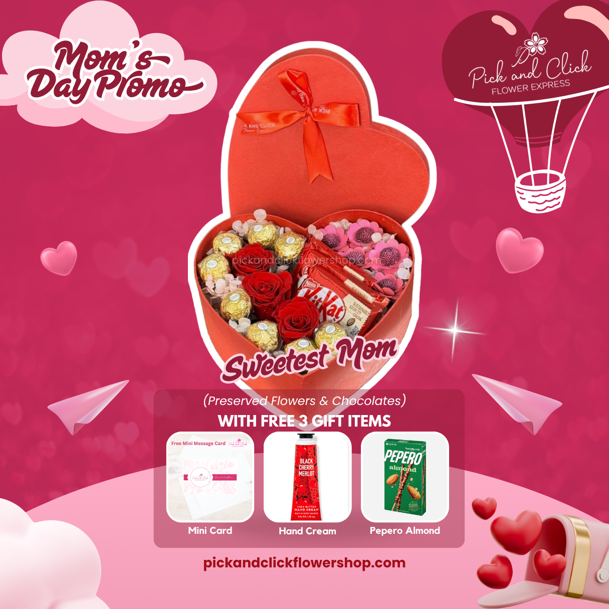 Sweetest Mom heart gift box featuring preserved flowers, Ferrero Rocher, and KitKat with free mini card, hand cream, and Pepero Almond as a sweet Mother’s Day gift.
