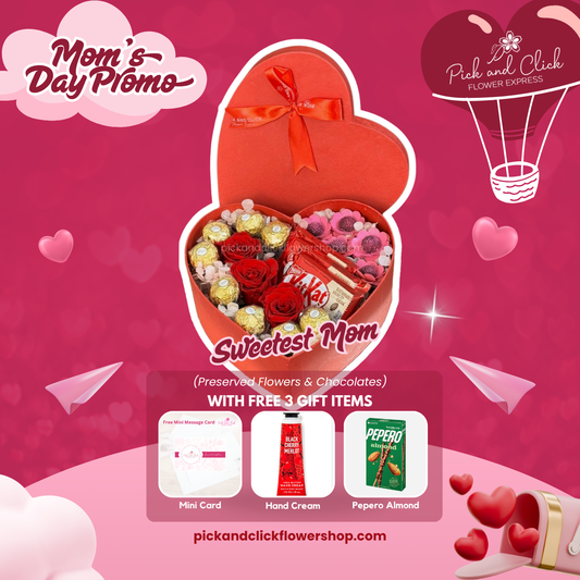 Sweetest Mom heart gift box featuring preserved flowers, Ferrero Rocher, and KitKat with free mini card, hand cream, and Pepero Almond as a sweet Mother’s Day gift.